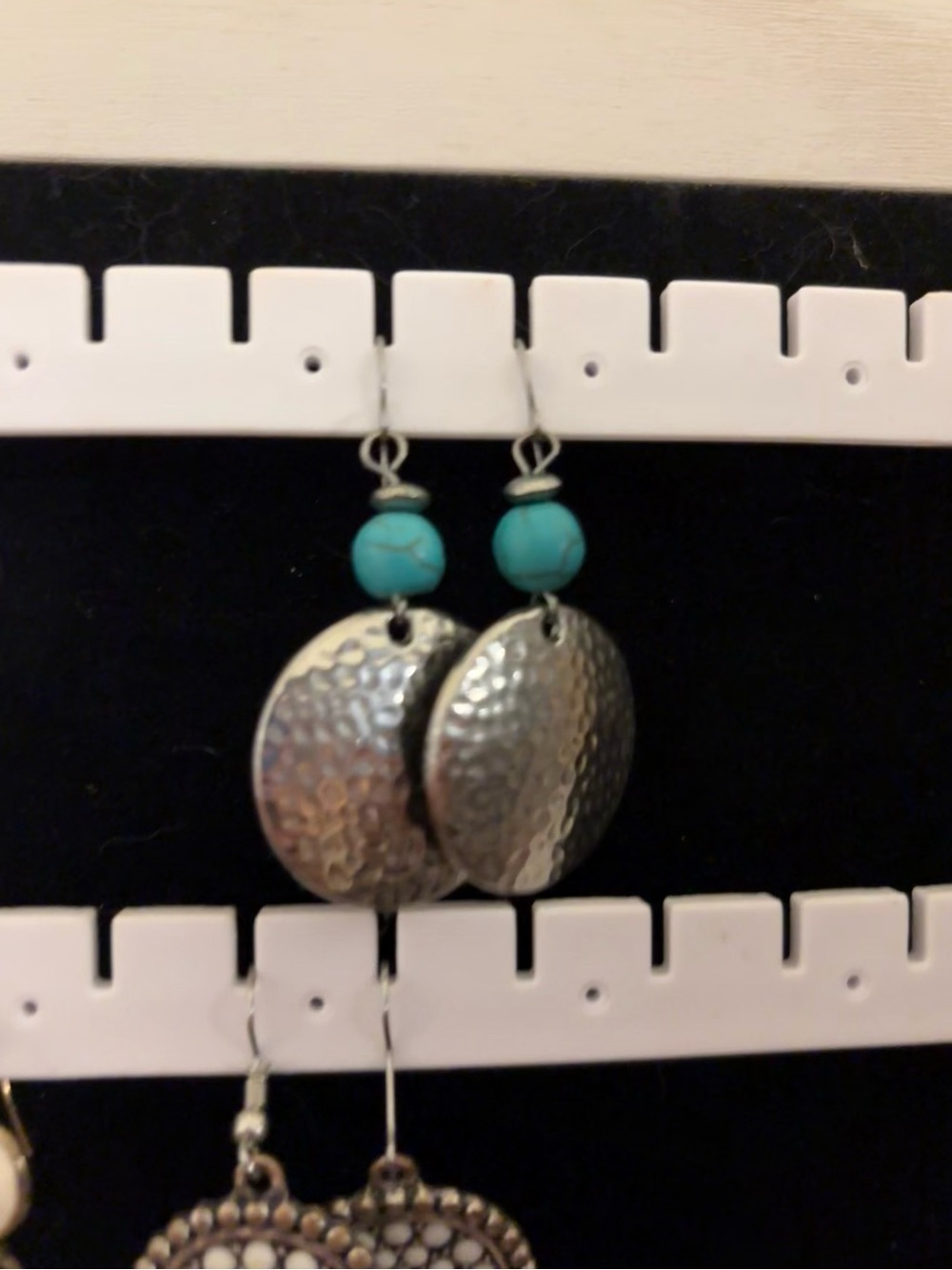 Turquoise Bead Hammered Disc Drop Earrings - Women Jewelry